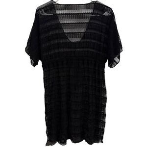 Women’s MEDIUM Black Sheer Crochet Eyelet Swim Cover Up Short Sleeve Drawstring